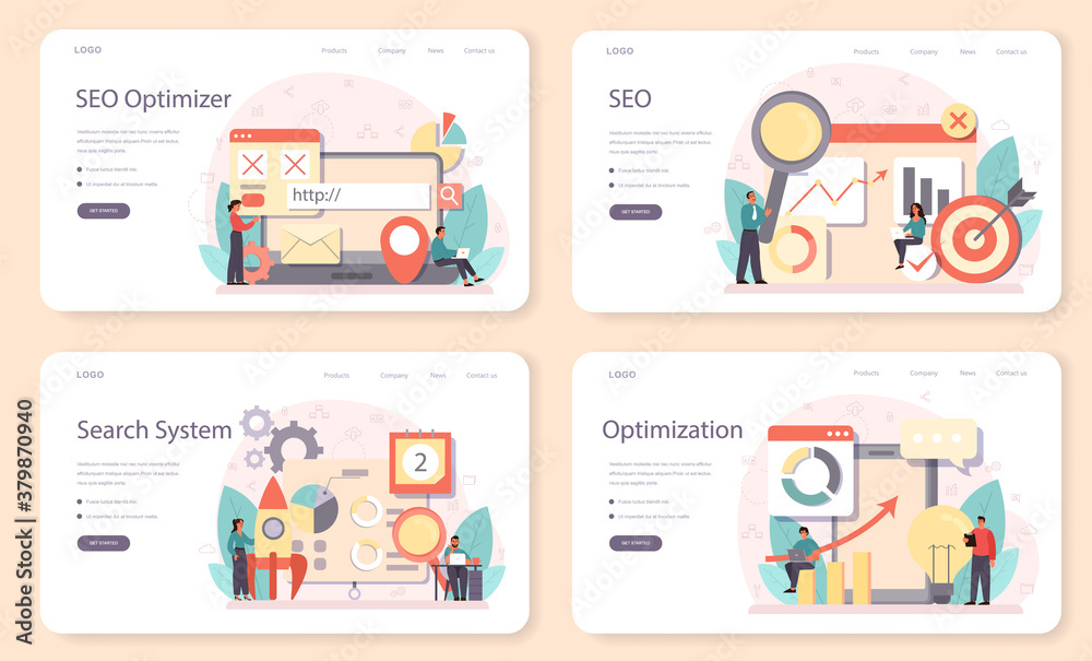 Sticker seo optimizer web banner or landing page set. idea of search engine