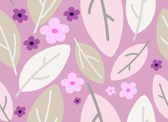 Seamless abstract floral and leaves vector illustration pattern. Colourful pastel shades design for fabric, cover design, interior décor, gift wrappers. Pink background.