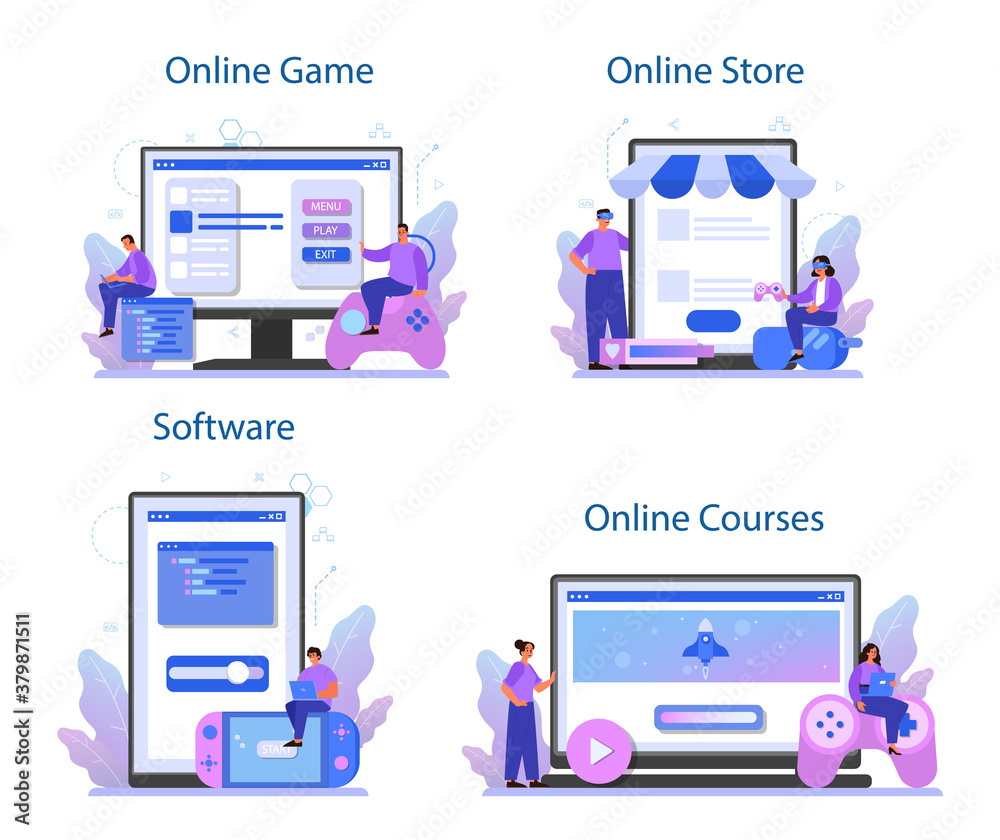 Canvas Prints game development online service or platform set. creative process