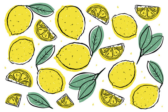 Illustration set of isolated lemons, fruit slices and leaves. Color image on a white background.