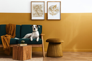 Stylish interior of living room with design furniture, gold pouf, plant, mock up poster frames,...