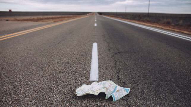 a map thrown away in the road