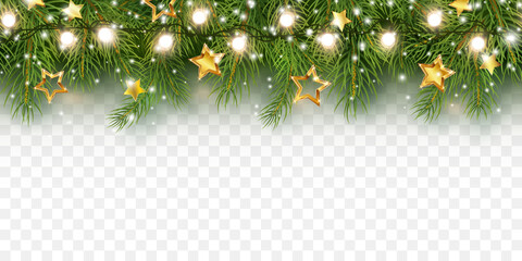 Border with green fir branches, gold stars, snow and lights isolated on transparent background. Pine, xmas evergreen plants banner. Vector Christmas tree seamless garland © Kindlena