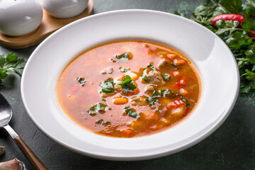 Traditional Hungarian goulash soup on the table.