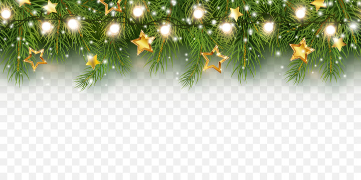 Border with green fir branches, gold stars, snow and lights isolated on transparent background. Pine, xmas evergreen plants banner. Vector Christmas tree seamless garland