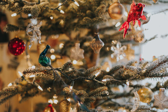 Christmas Tree with String Lights and Ornaments