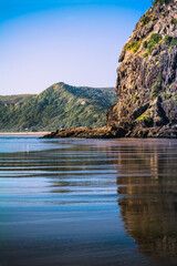 Fototapeta na wymiar Lion Rock reflected in black sand of Piha Beach, New Zealand