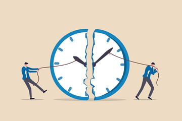 Time management, work deadline or planning for working time concept, businessman using rope to pull minute and hour hand to break the clock metaphor of effort to manage time for multiple projects.