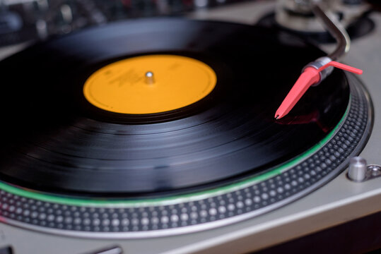 Close up of a Dj equipment playing record
