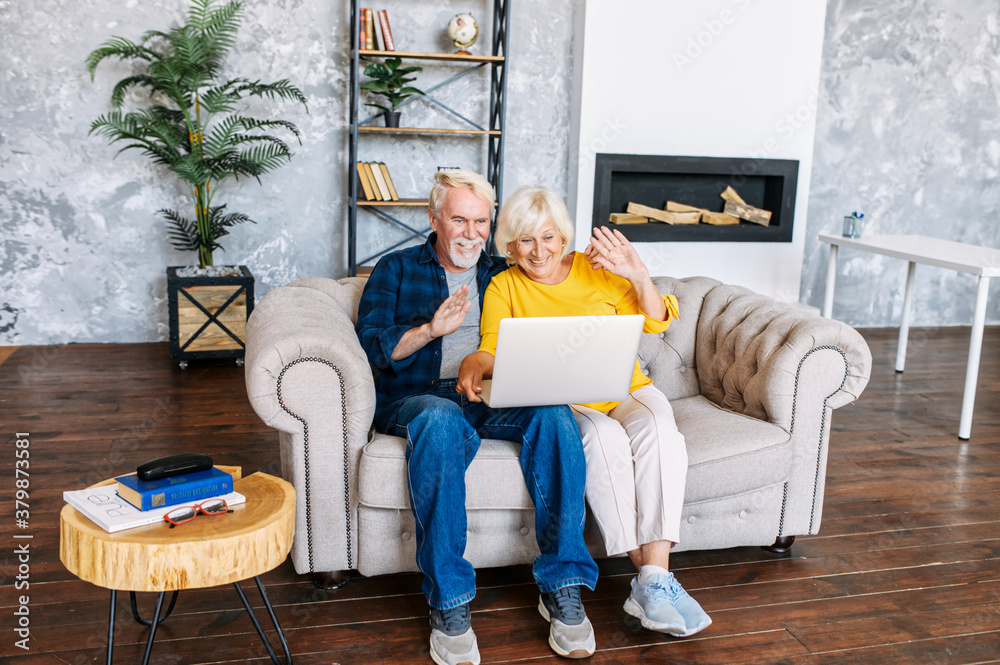 Wall mural senior couple is using laptop for video call sitting on comfortable sofa in cozy living room. cheerf