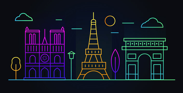 Line Paris night city skyline with buildings, tower, vector illustration. Cityscape in linear style in neon lights, vector illustration