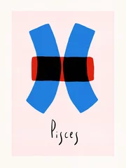 Fototapete Sternzeichen Abstract Pisces zodiac poster decor wall. Horoscope scandinavian design. Pisces constellation naive illustration. Freehand illustration Pisces. Bauhaus. Red, blue colors