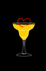 Vector image of cocktail in martini glass with romantic heart on black background