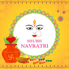 Shubh Navratri(Happy Navratri) vector illustration,  Maa Durga Face, Dandiya sticks and kalash(pitcher pot) on yellow Indian pattern background. 