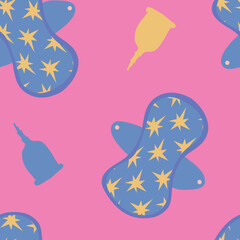 Colorful and cute vector seamless pattern with reusable sanitary pads and menstrual cups on pink background