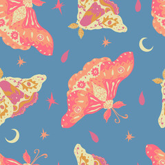 Light and romantic vector seamless pattern with summer moths, stars, moons and drops on blue background. Summer dreams