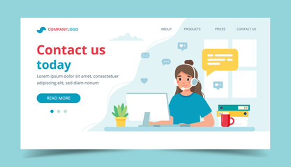 Contact us landing page. Woman with headphones and microphone with computer. Concept illustration for support, assistance, call center.