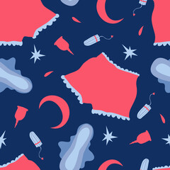 Sleepy vector seamless pattern with panties, night sanitary pads, tampons, menstrual cups, moons and stars on dark blue background. Night protection during period