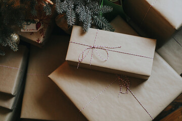 Christmas Presents Wrapped in Kraft Paper
