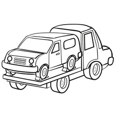 sketch tow truck carrying a confiscated or broken car, coloring book, cartoon illustration, isolated object on white background, vector,