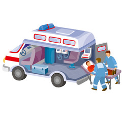 interior of an ambulance together with paramedics pick up a patient on a stretcher, cartoon illustration, isolated object on white background, vector,
