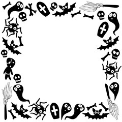 Happy Halloween-square frame of holiday design characters-zombie, bones, skulls, spider, bat, ghosts. Festive border, background or title for greeting card, invitation, party poster, banner