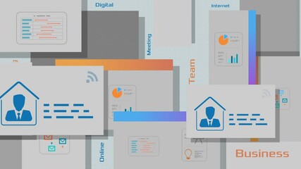 concept of smart working and teamwork, icons of business people, charts and reports scrolling on the screen (3d render)