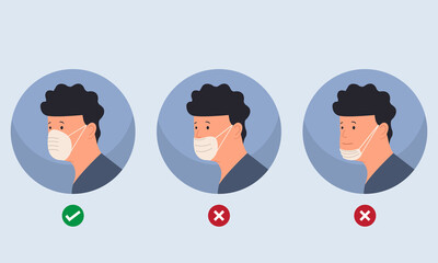 How to wear mask the right and wrong way. Notice to citizen to wear mask correctly to prevent corona virus. Flat style vector isolated.