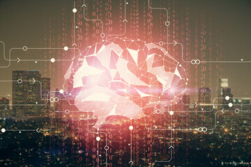 Brain hologram drawing on city scape background Double exposure. Brainstorming concept.