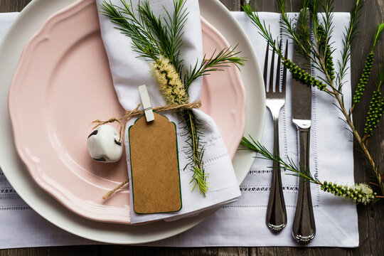 table decor with callistemon flower and a tag reading ""peace""