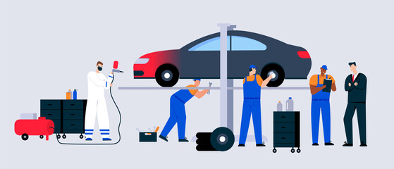Car service and maintenance scene, technicians team working in garage