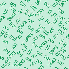 seamless pattern with wrapped candy isolated on green background. hand drawn vector. modern scribble for kids, wallpaper, cover, fabric, print, wrapping paper and gift. doodle food. cartoon style. 