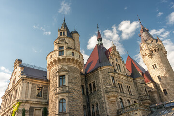 Fototapeta na wymiar view of the Zamek w Mosznej. Moszna Castle - Beautiful castle and lilies in the foreground POLAND