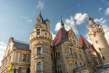 view of the Zamek w Mosznej. Moszna Castle - Beautiful castle and lilies in the foreground POLAND