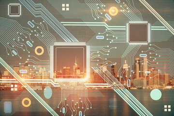 Data theme hologram drawing on city view with skyscrapers background double exposure. Ai concept.