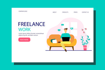 Web page design template. The man works from home. illustration in flat style.