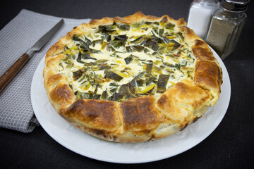 quiche aux poireaux dans une assiette