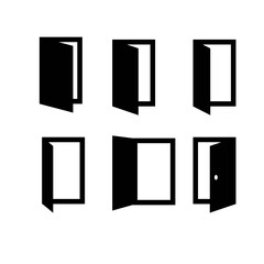 Open door in different variations. A set of black and white icons. Vector illustration
