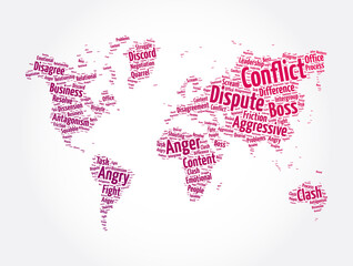 Fototapeta na wymiar Conflict word cloud in shape of world map, concept background