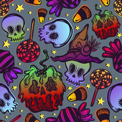 Vector illustration, Happy Halloween, poisoned apple with skulls, various sweets, mysticism. Handmade, prints, background, seamless pattern