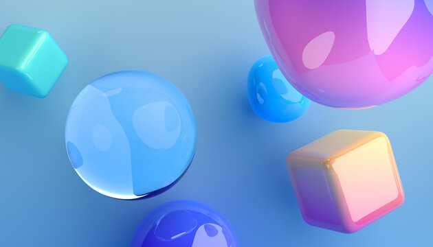 Abstract 3d render of colorful bubbles and cubes, background design