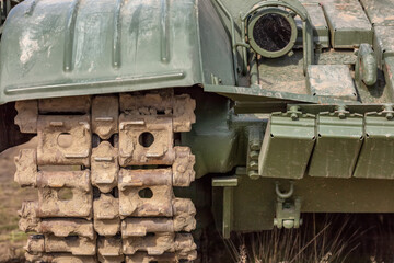 Fototapeta na wymiar Front close-up shot of a russian tank track
