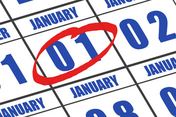 january 1st. Day 1 of month,  Date marked with red circle to indicate importance on a calendar. winter month, day of the year concept © SergeVo