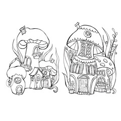 Illustration with mushroom houses.For coloring.Black and white outline picture.Hand drawing.Coloring. Cartoon illustration. Funny mushroom houses.