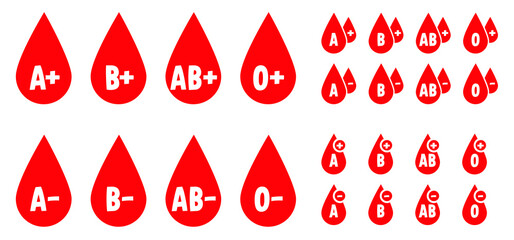 Red blood group. Blood type. Icons. Blood drop emblem. Types A B O AB for transfusion. Flat vector illustration. Blood groups types icon set. Drops symbol. Recipient and donor. Medicine, medical logo.