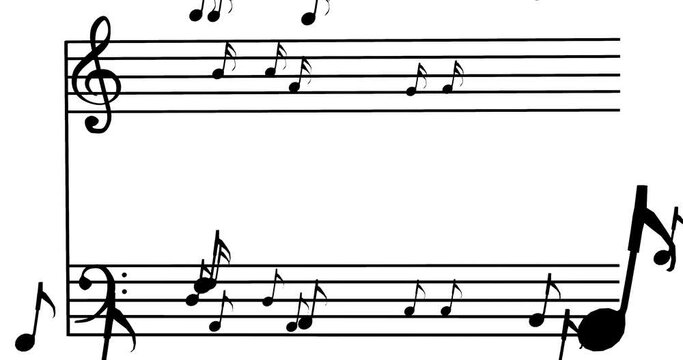 楽譜から飛び出す音符、3Dレンダリング