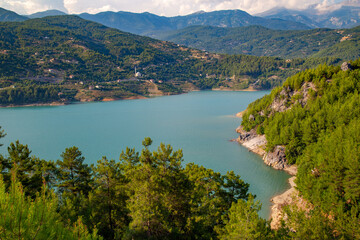 Driving through the mountain highway near a beautiful Green Canyon at Antalia province, Turkey.