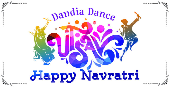 Couple playing Dandiya dance &ldquo;utsav logo&rdquo;, Garba Night and colorful celebration of Navratri, Dussehra festival of India decoration background.