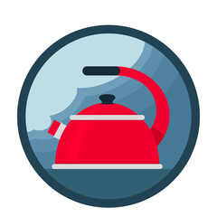 A red boiling kettle is on the stove. steam from the kettle spout. icon.