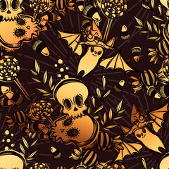 Vector illustration, Happy Halloween, Bat in witch hat, skull, sweets, mysticism. Handmade, prints, background dark, seamless pattern